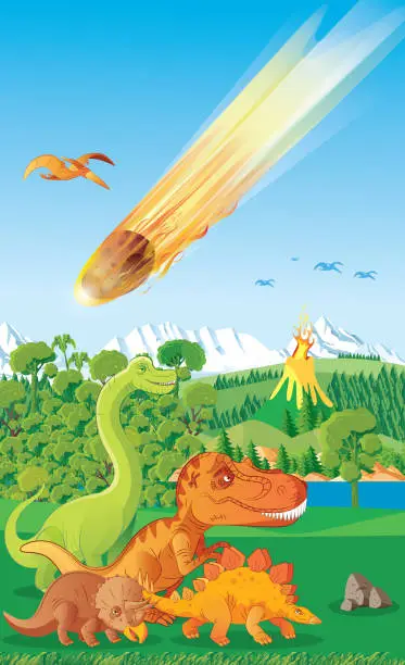 Vector illustration of Falling Asteriod and Dinosaur Extinction