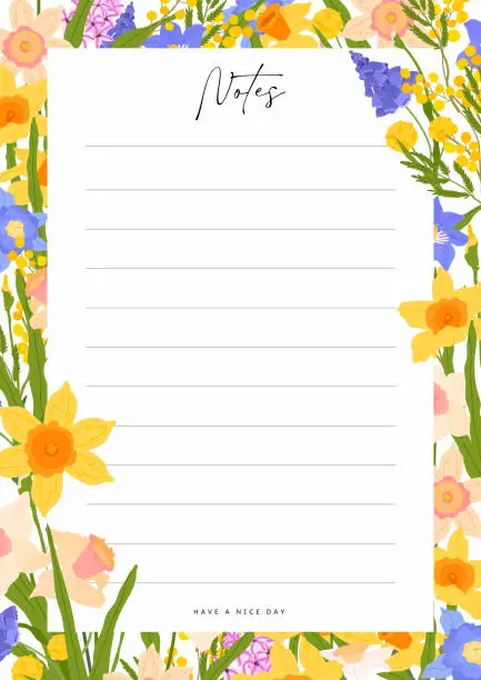 Vector illustration of Cute spring notes lined paper template, colorful flowers on a beige background. Daffodil. narcissus, hyacinth, clematis plant Memo list Vector illustration, flat style