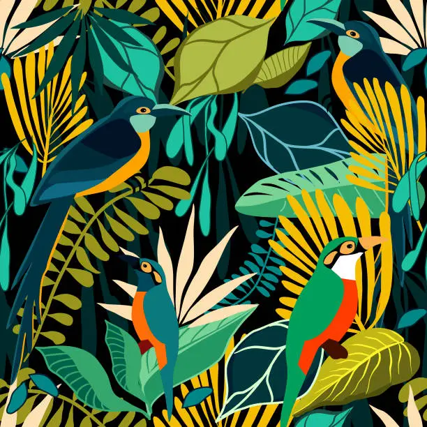 Vector illustration of Tropical birds in rainforest plants