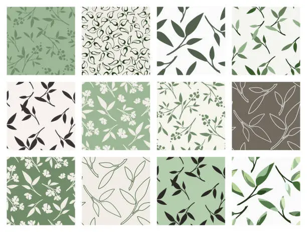 Vector illustration of Seamless floral patterns. Set of seamless backgrounds with flowers and leaves in natural colors. Vector illustration