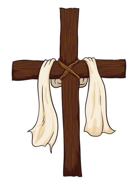 Wooden Christian cross decorated with white cloth in cartoon style, Vector illustration Isolated Christian wooden cross decorated with white clothes like a symbol of Resurrection. rood stock illustrations