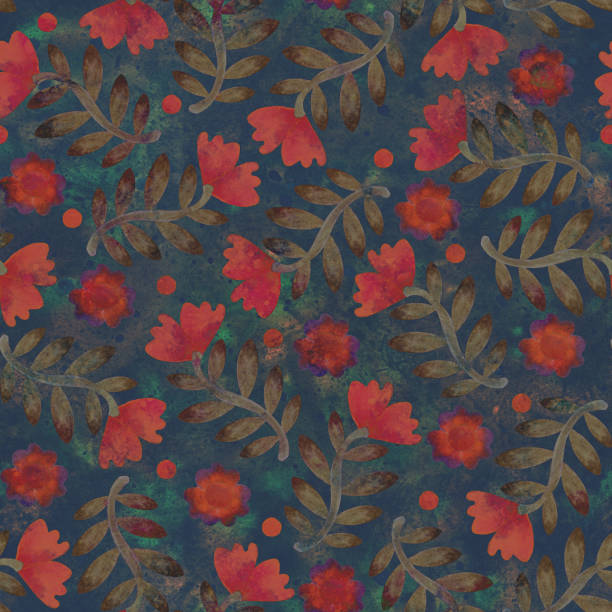 istock Seamless pattern. Floral ornament. Background. Raster illustration. Interior and clothing design. Printing on paper or fabric. Red watercolor flowers on a dark background. 1478489275