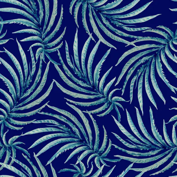 Vector illustration of Vector Seamless floral pattern from watercolor painted palm leaf on a dark indigo blue background