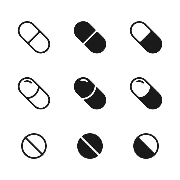 ilustraciones, imágenes clip art, dibujos animados e iconos de stock de diseño vectorial del conjunto de iconos de píldoras o medicamentos. - píldoras
