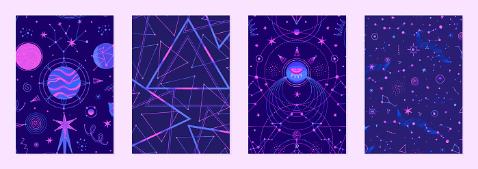 istock Set of vector illustrations of abstract celestial bodies. Constellations, stars, planets. Space universe. Esoteric cosmic designs for posters, notebook covers. Blue and pink colors 1478495353