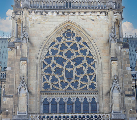 Linz, Austria - March 4, 2023: Facade of neo-gothic New Cathedral, the largest church in country