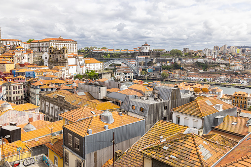 Europe, Portugal, Porto. April 7, 2022. Rooftop view of the Dom Luis I bridge in Porto.