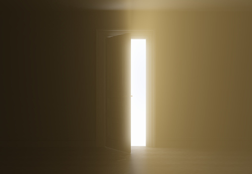 Door opening to the bright light. Abstract image of a portal, another dimension, bright sunlight. 3d