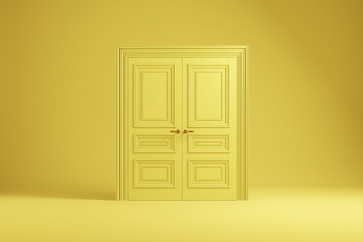 Yellow double doors on yellow background. 3d illustration