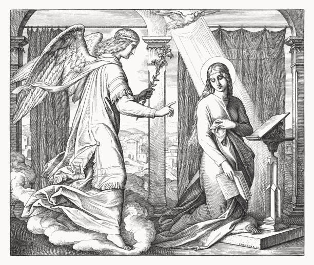 Gabriel's Annunciation to Mary (Luke 1), wood engraving, published 1860 vector art illustration