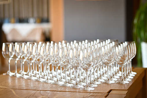 lot of empty glasses on the reception party table. High quality photo