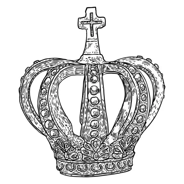 Vector illustration of Coronation crown for king or queen. Symbolic religious ceremony while sovereign is crowned to monarch's head with crown. Monarch is the head of the Church of England with title and powers.