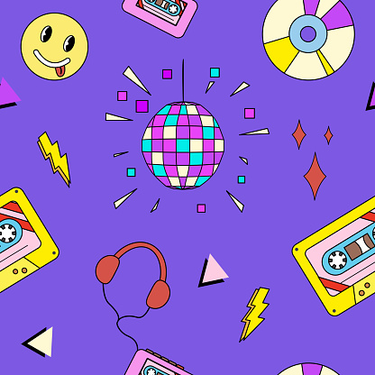 Seamless pattern with old fashioned disco ball, cassette, player, retro musical elements pattern, doodle style flat vector illustration