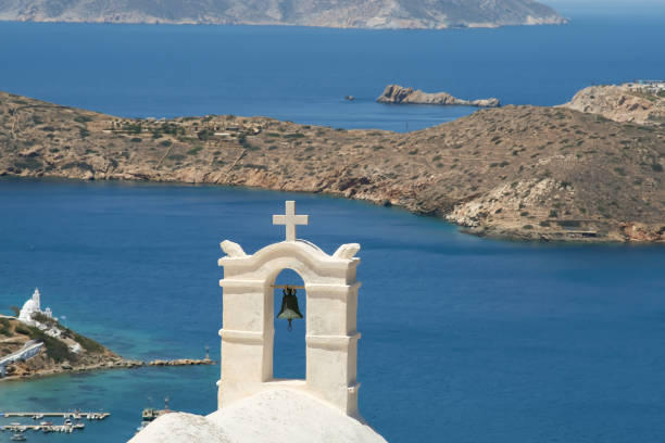 Panoramic view of the aegean sea from the rooftop of a whitewashed orthodox chapel on the island of Ios Greece