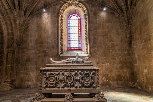 Europe, Portugal, Lisbon. April 19, 2022. Tomb of Luis de Camoes at the Jeronimos Monastery in Lisbon, a UNESCO World Heritage Site..