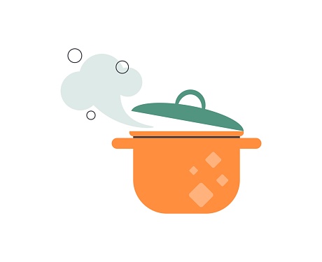 Cooking soup or food. Pot with boiling water and steam. Cooking food in pan. Flat vector illustration isolated on white background.