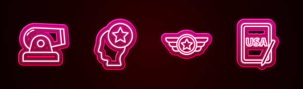 istock Set line Cannon, USA Head, Star American military and graphic tablet. Glowing neon icon. Vector 1478513371