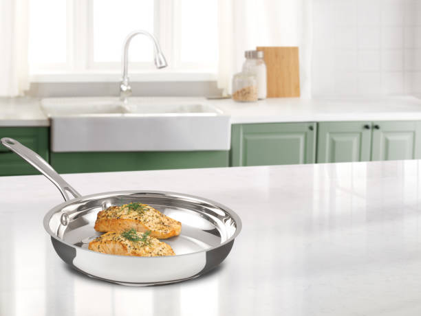 Cooked Salmon in a pan in a kitchen