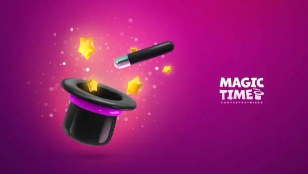 Vector illustration of Magic wand and hat with lightning sparkles and stars floating on purple background vector illustration. Wizard tool, magic stick with spell.