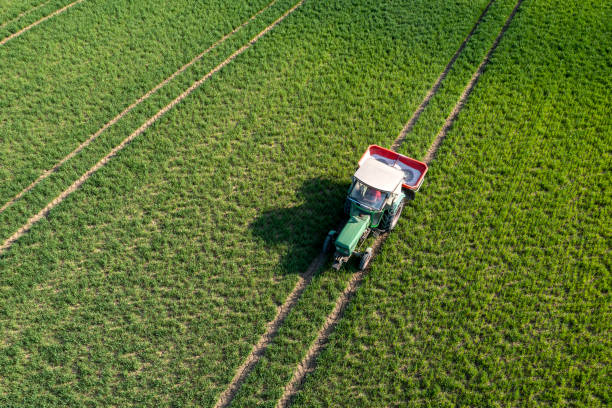 istock Tractor fertilizing field, aerial view 1478541142