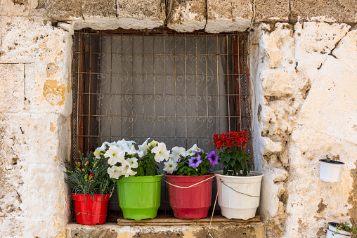 Small village window in old wall with color flowers.