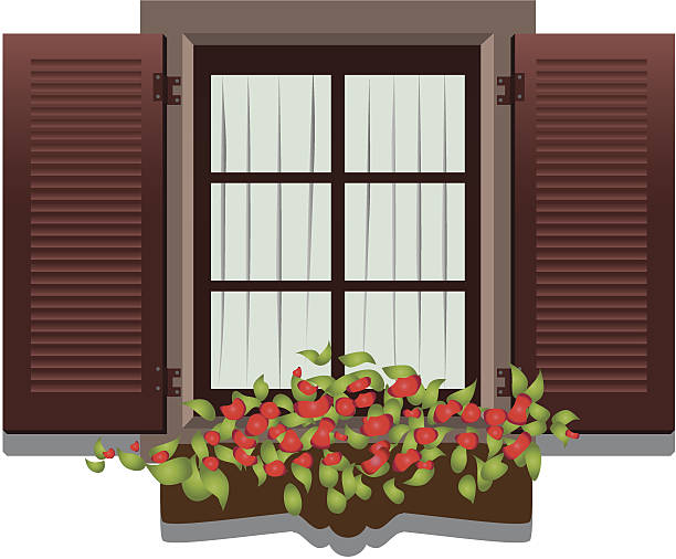 wood window Wood window with the flowerpot which has fresh flowers. scuttle stock illustrations