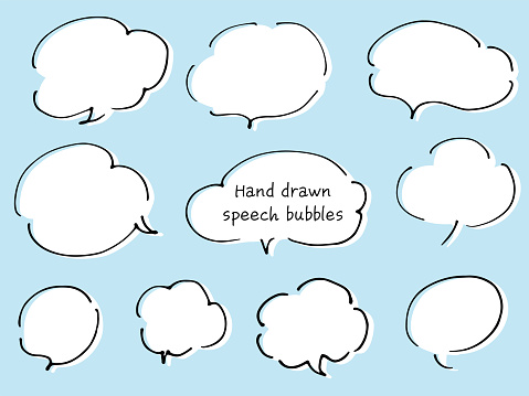 A cloud-like line drawing speech balloons with white painted background. Hand-drawn loose fashionable speech bubble written with a pen.