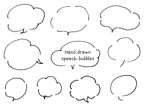 A cloud-like line-drawing speech balloons. Loose and stylish speech bubbles hand-drawn with a pen.