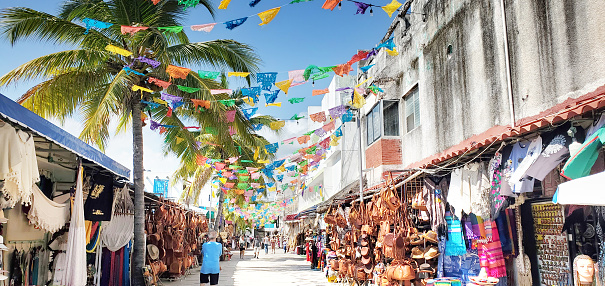 On Quinta Avenida in Playa del Carmen market vendors line the pedestrian zone with products for sale and people can be seen walking on a bright sunny day. Palm trees and traditional colorful flags are displayed above the travel destination.