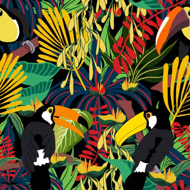 Vector illustration of Toucans in tropical rainforest