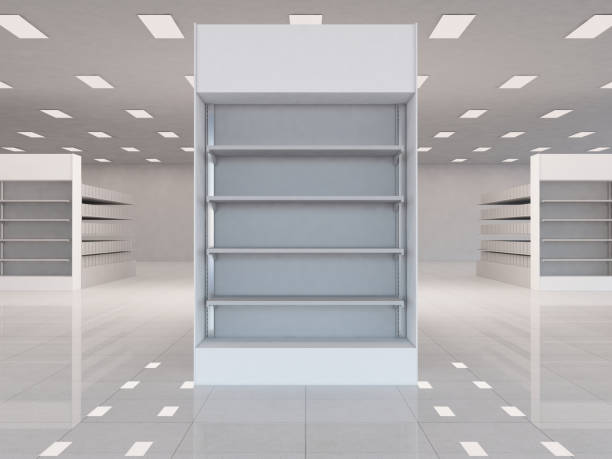 Supermarket Display Aisle with Gondola front view. 3D rendering illustration