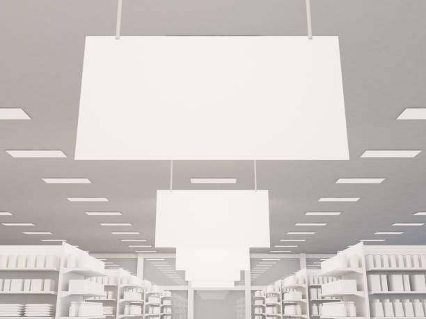 istock Supermarket hanging blank aisle sign banner for advertising. low-angle view. 3d rendering illustration. 1478566507