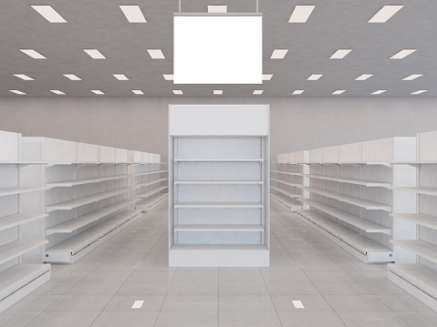 super market store interior aisle with a blank sign or advertising banner hanging from the ceiling and empty shelves. 3D rendering illustration