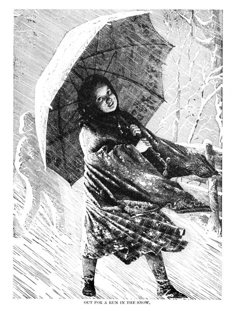 A girl with an umbrella runs out into the snow. Illustration published 1889. Original edition is from my own archives. Copyright has expired and is in Public Domain.