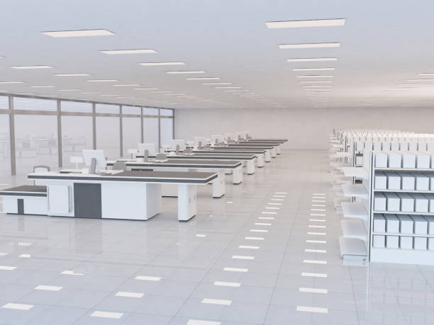 istock Supermarket cash registers or checkout counters. interior space hall with an aisle that contains products. 3d rendering illustration. 1478569843