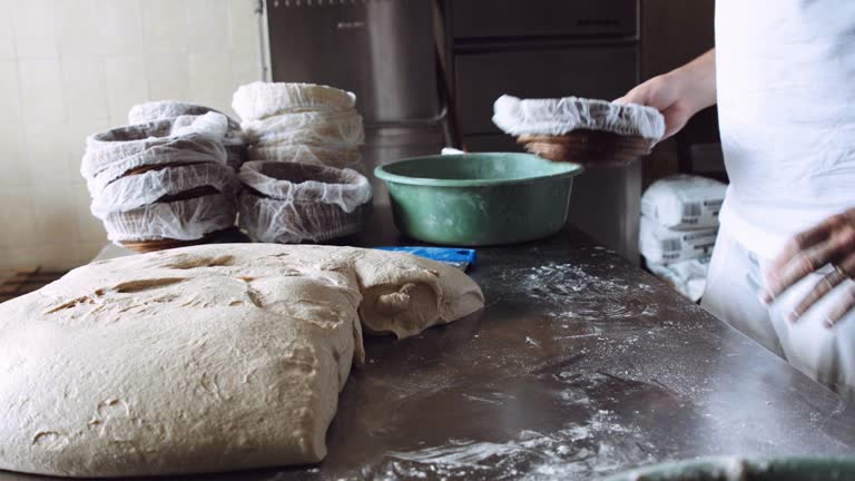 Small business owner. Baker prepares bread dough.