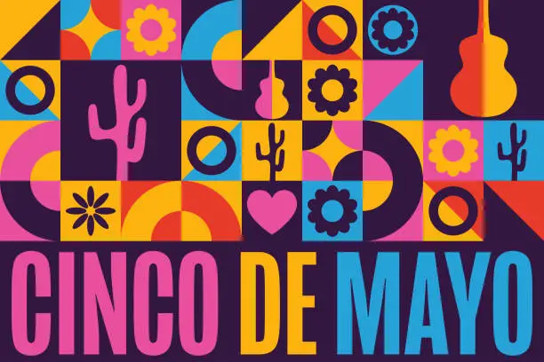Vector illustration of Cinco De Mayo. Inscription May 5 in Spanish. Holiday concept. Template for background, banner, card, poster with text inscription. Vector EPS10 illustration.