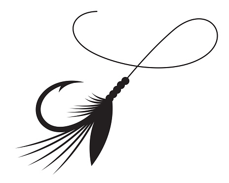 Draw fly fishing lure and a curved line. Fishing tool symbol.
