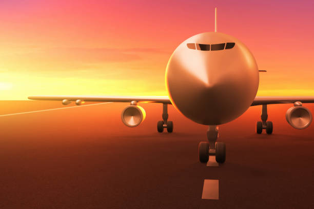 istock Airplane on airport runway sunset 3d illustration 1478580269