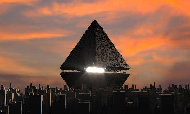 Alien spaceship over city horizon