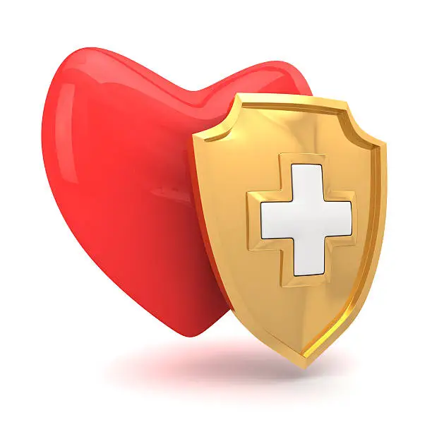 Red heart protected by medical shield