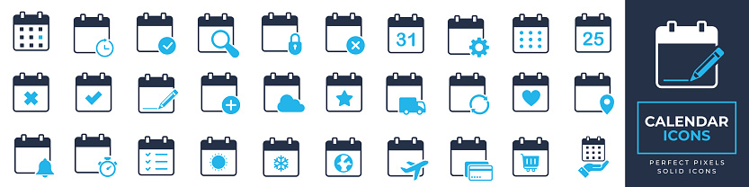 Calendar icons set. Containing schedule, privacy, summer day, winter day, earth day. shopping day and more solid icons collection. Vector illustration. For website, marketing materials, design, logo, app, template, ui, interfaces, layouts etc.
