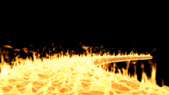 Fires on the ground,Flames were engulfing the ground.,street of fire,Flame curved path on black background,3d rendering