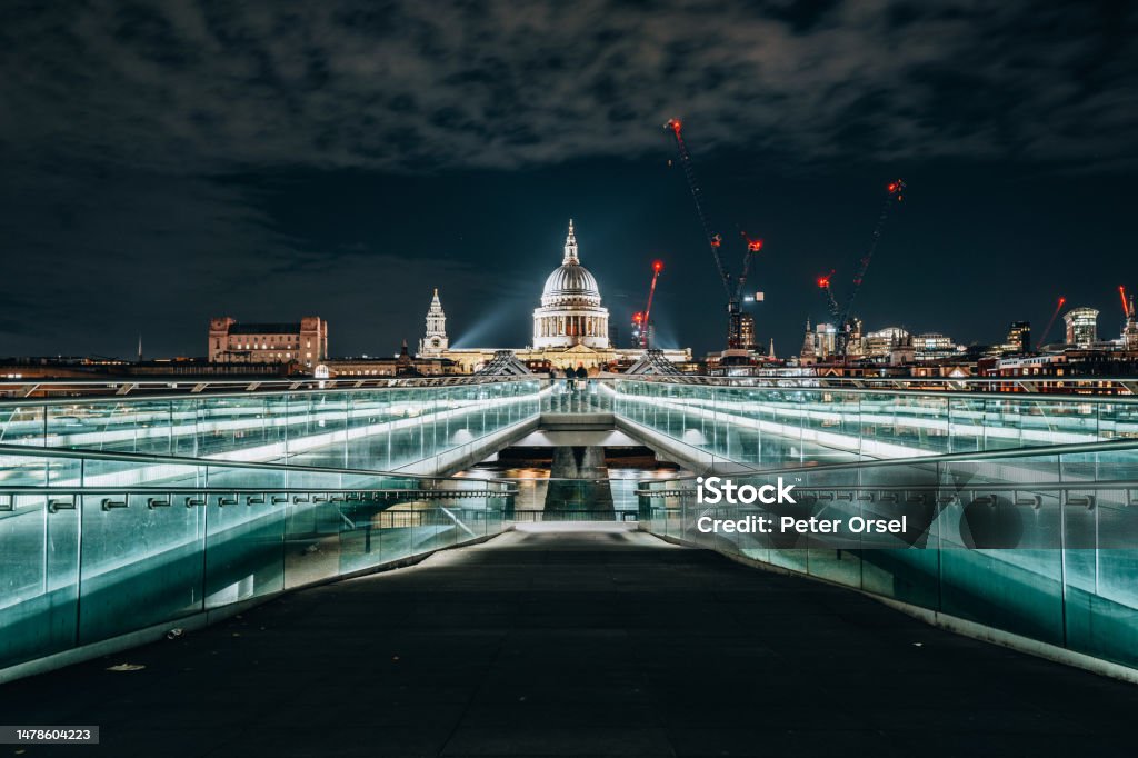 St Paul's Cathedral in London by night with light trails long exposure england St Pauls Cathedral in London by night with light trails long exposure england united kingdom. High quality photo Blue Hour - Twilight Stock Photo