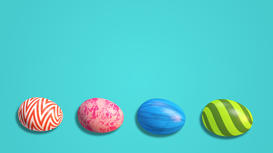 This charming stock image captures the joy and cheerfulness of Easter day celebration with a collection of colorful Easter eggs arranged in a playful and festive composition, with ample copyspace for customization and personalization. Each egg is adorned with intricate and playful designs, adding a touch of whimsy and charm to the image. The bright and bold colors of the eggs create a sense of vibrancy and energy, while the copyspace provided allows for the addition of personalized messages.