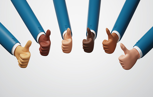 Close-up shot of businessman team thumbs up for success on white background. Show satisfaction and give positive feedback is professional team. 3d render illustration