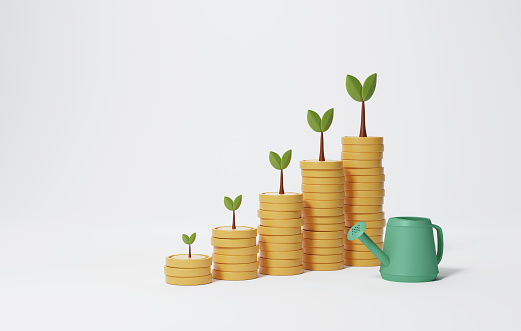 Business growth, finance and profit. Tree on a pile of developed coins growing on white background. 3d render illustration.
