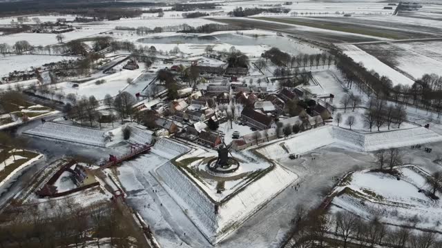 Full HD Aerial Drone footage of Fortress town Bourtange in snow The Netherlands