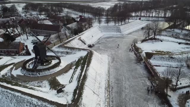 Full HD Aerial Drone footage of Fortress town Bourtange in snow The Netherlands