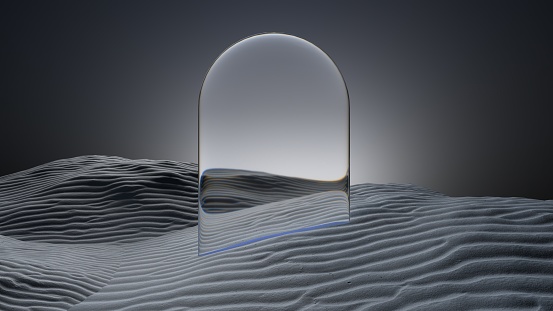 Abstract desert with glass ball, solitude, serene, reflection, nature